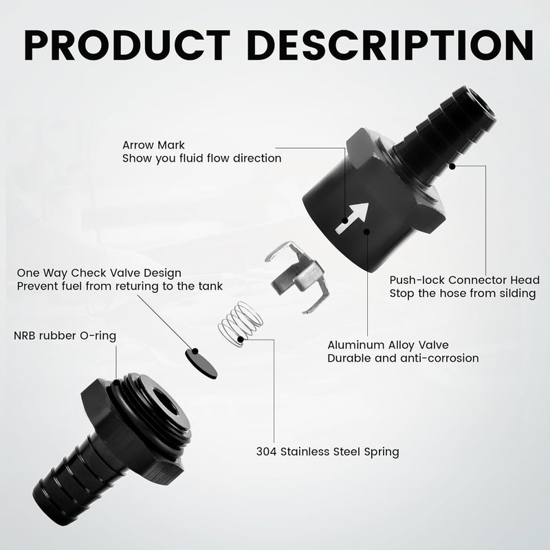 Vigorighter 9/16" 2PCS Fuel One-way Check Valve, Aluminium Alloy 14mm OD Fuel Line Check Valve One Way Non Return for Diesel Gasoline Water, Black (Set of 2) - Image 5